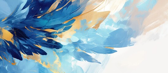 Abstract artistic background featuring feathers and blue gold brushstrokes Textured oil on canvas creates a modern art aesthetic suitable for wallpaper prints or wall art