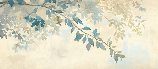 Fototapeta premium Pastel colored painting of branches with leaves suspended above set against a textured backdrop ideal for wall murals in interior spaces