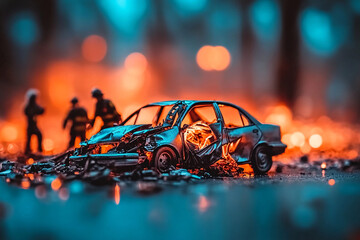 Burnt Car Wreckage with Rescue Team in Background.
