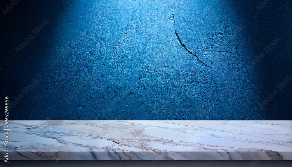 Aufkleber empty marble table at foreground and cement stone at background with blue light from above for produ