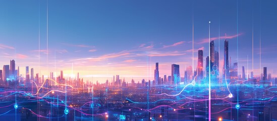 Fototapeta premium Abstract painting of a smart city featuring intricate wave lines and connecting dotted points representing big data connectivity and technological concepts with a gradient design