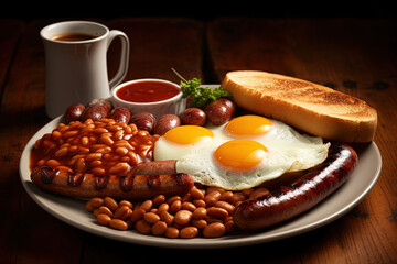 English Breakfast with sausages, grilled tomatoes, egg, bacon, beans and bread on plate