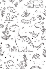 Adorable line art dinosaurs in a whimsical seamless pattern