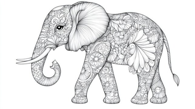 Hand drawn zentangle illustration of a cute elephant for a coloring book on a white background