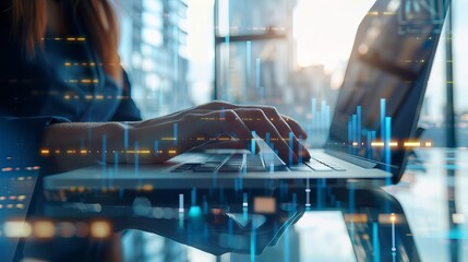 Businesswoman’s hand typing on laptop keyboard with tablet reflection on office desk, illustrating remote work and online job concepts