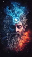 Brahma with four faces, creating life forms, surrounded by glowing cosmic symbols, Hinduism and creation