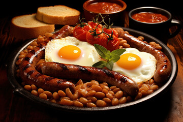 English Breakfast with sausages, grilled tomatoes, egg, bacon, beans and bread on plate