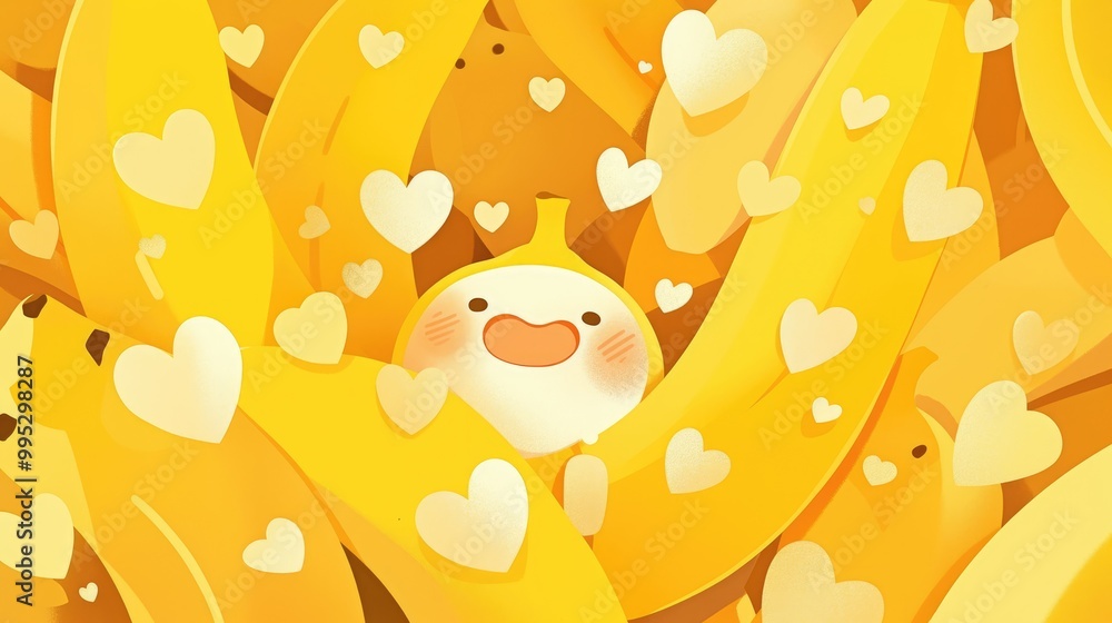 Poster illustration of a banana character surrounded by a symmetrical pattern of playful hearts showcasing 
