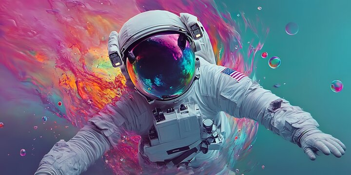 Dreamlike astronaut illustration with bubbles around him/her, colorful fantasy design space related