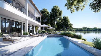Modern exterior view of a villa with a swimming pull under clear blue sky and large trees in background, story house with luxury design