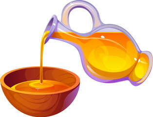 Oil pouring from a glass jug into a wooden bowl. Isolated cartoon vector moment of culinary preparation, cooking process, food and kitchen activities, highlights the fluidity and richness of the oil