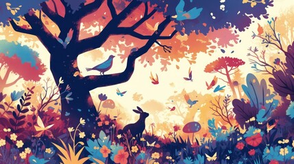 Cartoon style artwork featuring adorable forest animals birds and trees as a whimsical background