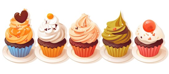 Illustration of decorated cupcakes with creamy frosting arranged on a plate against a white backdrop