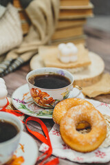 Cozy vintage room and breakfast for two with hot strong coffee and buns