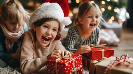 Happy cheerful kids are lying on the floor on christmas morning, happily opening their christmas presents in front of the christmas tree. Happy New Year and Merry Christmas
