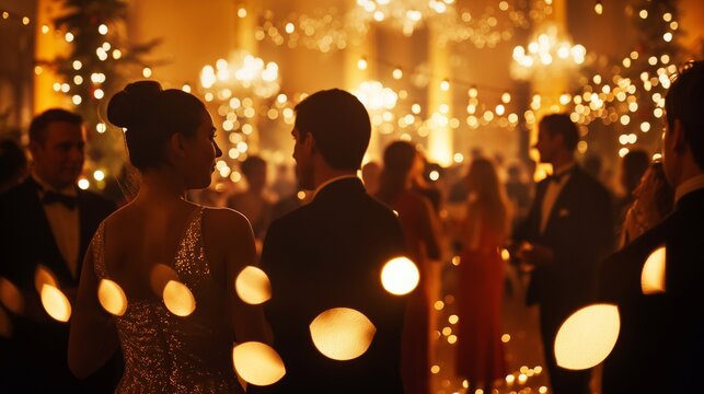 a christmas party with elegant people mingling and having conversations under a warm ambient light. The banquet hall is full of people. Happy New Year and Merry Christmas event