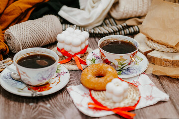 Cozy vintage room and breakfast for two with hot strong coffee and buns