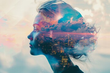 A woman's face is shown in a cityscape