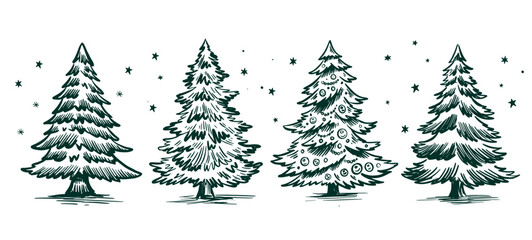 Christmas tree with snow, set on white, hand drawn illustration	
