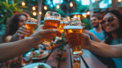 Happy multiracial friends cheering beer glasses at brewery pub garden - Group of young people enjoying dinner party eating and drinking at bar restaurant - Friendship and food