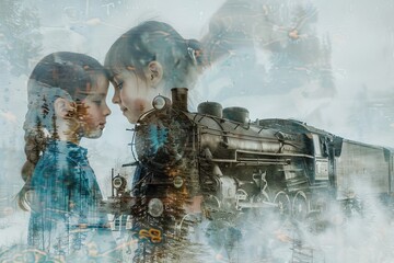 A girl and a girl are looking at a train