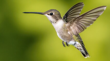 Fototapeta premium A hummingbird in flight, showcasing its vibrant feathers and delicate wings against a blurred background.