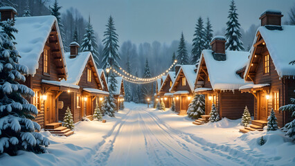 Fototapeta premium Log cabins in a snowy forest with warm glowing lights. Retro Christmas postcard