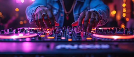 Close up of DJ's hands mixing music on a mixer console.