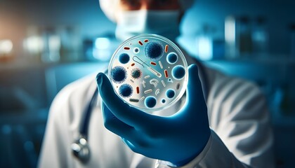 A scientist wearing blue gloves holding a petri dish with bacteria or virus samples