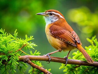 The charming Carolina Wren sits on a branch, enveloped by the lush, green scenery of South Carolina, illuminated