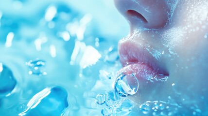 Fototapeta premium Close-up of person's wet lips surrounded by water droplets and bubbles
