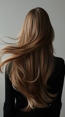 Fototapeta premium beautiful woman from the back, long waivy hair, in motion, professional photography, high detail, image clarity, minimalism, in style of fashion magazine cover, plain background 