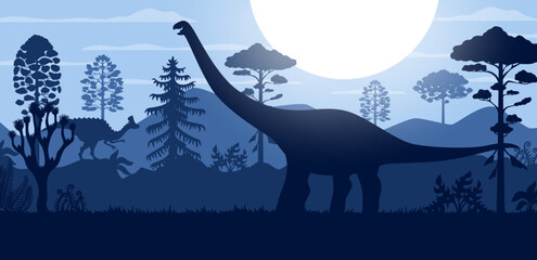 Prehistoric landscape with dinosaur lizard silhouettes at Jurassic forest, vector background with sunset. Cartoon prehistoric giant lizard and dinosaur silhouettes in jungle forest with sun in sky © Vector Tradition