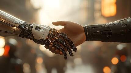 Human Handshake with a Robot in white glass office room