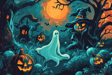 A whimsical Halloween scene with a ghost amidst carved pumpkins, a witch, eerie trees, and a glowing moon enhancing the spooky atmosphere.