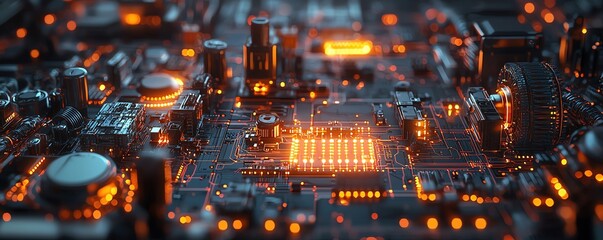 A network of glowing circuits and mechanical parts, representing the fusion of technology and industry