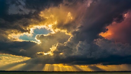 vibrant, colorful, stormy sky with a beam of sunlight breaking through the clouds