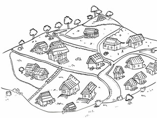 Line Drawing of Village Map: Simplified Outline Depicting Cultural Spatial Layout in One Line