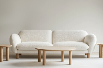 A white sofa with wooden legs and two round coffee tables on the side, in a light beige style, with an oversized sofa armrest, a plush fabric texture, soft curves, a streamlined design, a simple backg