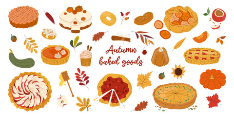 Set autumn pastry with leaves, pumpkins and typography. Design elements with brush texture. Pie, cookies, cake, baked apple, muffin and pretzel. For menu, card, poster, stickers, pattern, background
