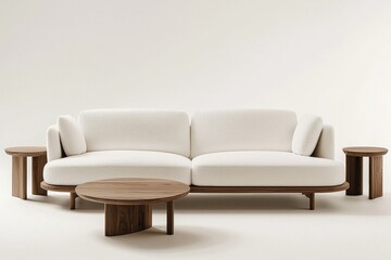 Fototapeta premium A white sofa with wooden legs and two round coffee tables on the side, in a light beige style, with an oversized sofa armrest, a plush fabric texture, soft curves, a streamlined design, a simple backg