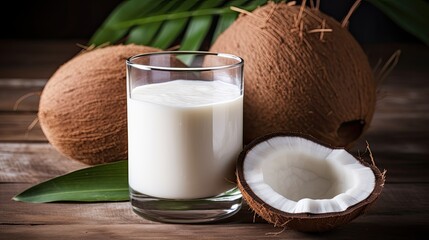 Coconut milk in a glass and coconuts on a table
