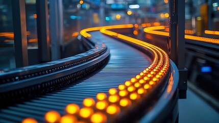 Industrial conveyor belts in motion, forming abstract patterns with vibrant color highlights