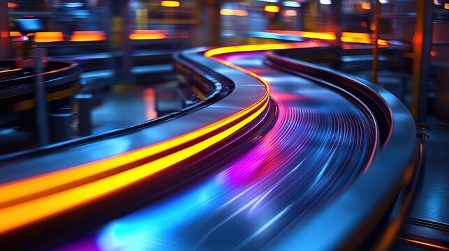 Industrial conveyor belts in motion, forming abstract patterns with vibrant color highlights