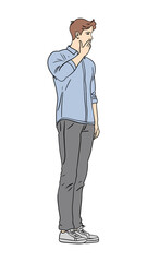 man covers his mouth with his fingers side view isolated