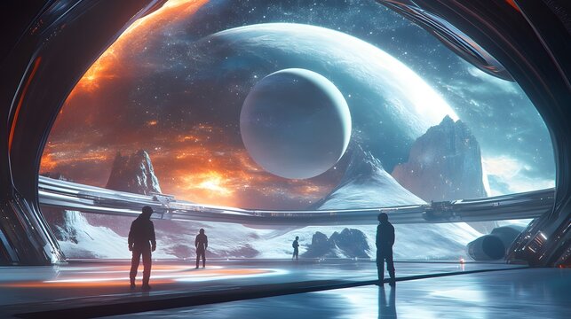 Scientists studying exoplanets in a futuristic observatory, hyper real, high quality, sharp images, graphic, illustration