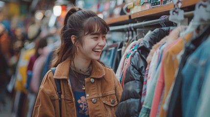 Happy women buying clothes in second hand vintage market in city street - Shopping and retail life style concept