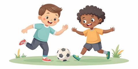 Flat Candid Illustration of Diverse Children Playing Soccer in Park Symbolizing Unity, Friendship, and Equality for Human Rights Day