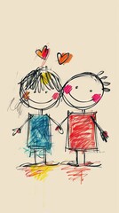 Two children holding hands with hearts on their chests