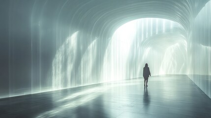 Obraz premium A lone figure walks toward a bright light at the end of a tunnel.